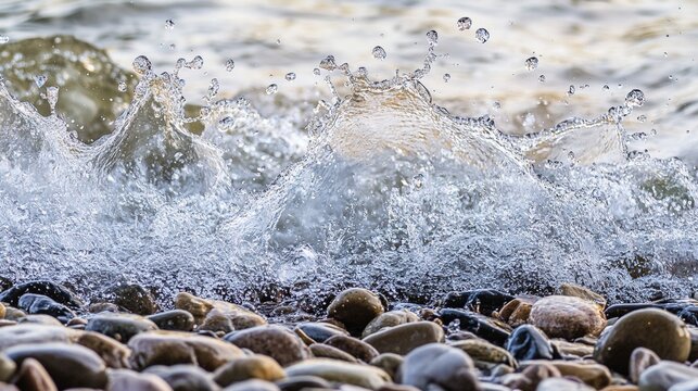 makemake. Rushing stream over smooth pebbles with splashing water in morning light. travel magazines, destination branding, designed for travel destination branding, inspires travel planning.