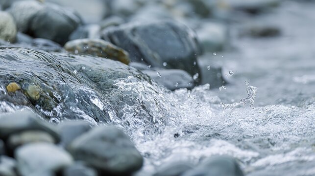 makemake. Rushing stream over smooth pebbles with splashing water in morning light. travel magazines, destination branding, designed for travel destination branding, inspires travel planning.