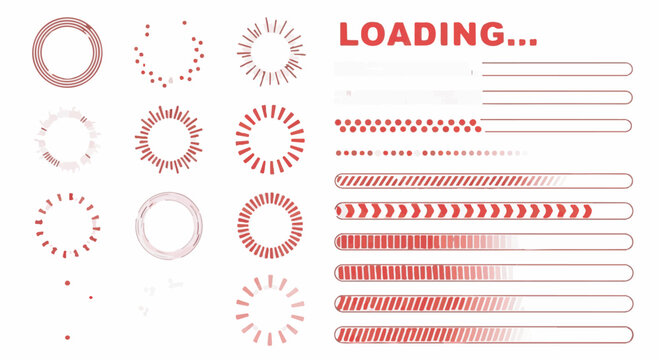 Red Loading UI Elements and Progress Bars Collection Isolated on White Background