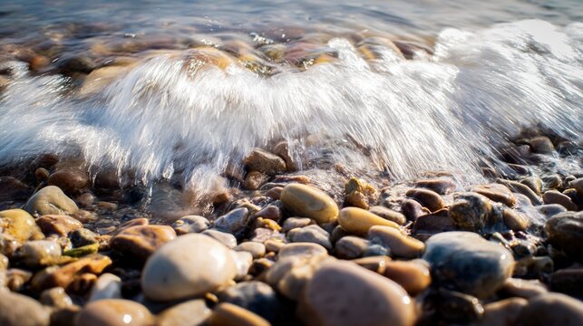 makemake. Rushing stream over smooth pebbles with splashing water in morning light. travel magazines, destination branding, designed for travel destination branding, inspires travel planning.