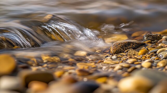 makemake. Rushing stream over smooth pebbles with splashing water in morning light. travel magazines, destination branding, designed for travel destination branding, inspires travel planning.