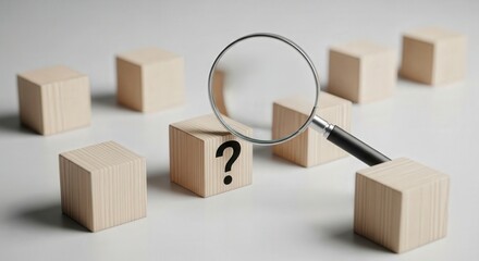 Identify Root Causes &ndash; Minimalist wooden block concept with magnifying glass and question mark sign