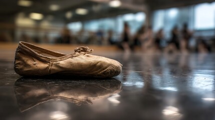 rehearsal. A single, well-worn ballet shoe rests on the floor before a large rehearsal mirror. event key visuals, club posters, designed for sports event promotions and stadium branding.