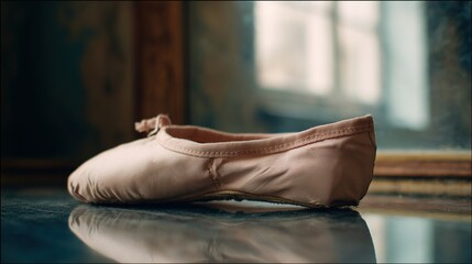 rehearsal. A single, well-worn ballet shoe rests on the floor before a large rehearsal mirror. event key visuals, club posters, designed for sports event promotions and stadium branding.