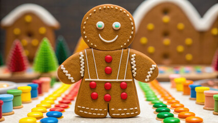 Obraz premium Christmas gingerbread man cookie decorated with icing and candy stands on colorful candy path in festive holiday scene