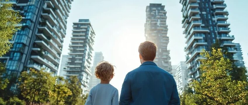A parent and kid viewing contemporary structures