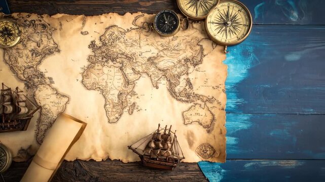 An antique world map with compasses, toy ships, and a scroll set on a wooden surface