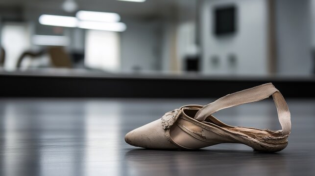 rehearsal. A single, well-worn ballet shoe rests on the floor before a large rehearsal mirror. event key visuals, club posters, designed for sports event promotions and stadium branding.