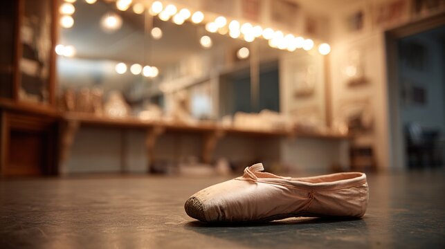 rehearsal. A single, well-worn ballet shoe rests on the floor before a large rehearsal mirror. event key visuals, club posters, designed for sports event promotions and stadium branding.