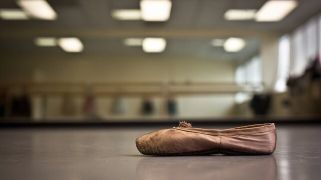 rehearsal. A single, well-worn ballet shoe rests on the floor before a large rehearsal mirror. event key visuals, club posters, designed for sports event promotions and stadium branding.