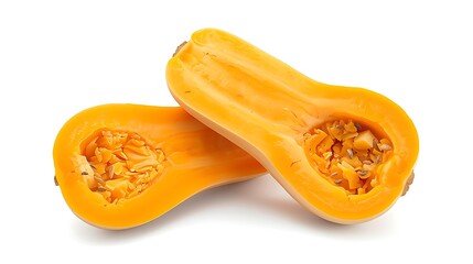 Two halves of a butternut squash showing seeds and orange flesh