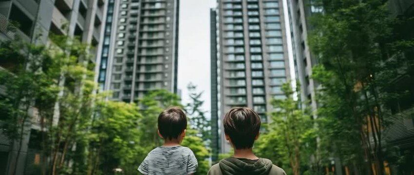 A parent and kid viewing contemporary structures