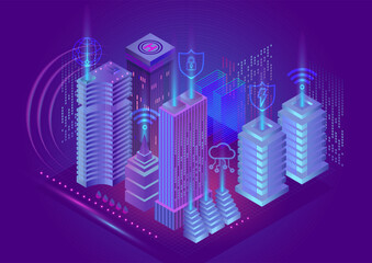Isometric Smart City with Neon Tech Icons