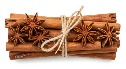 Natural cinnamon and star anise spice bundle tied with rope, perfect for seasonal cooking and aroma
