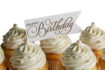Delightful vanilla cupcakes elegantly topped with pearls and a Happy Birthday banner, perfect for celebrations and sweet moments of joy with friends and family