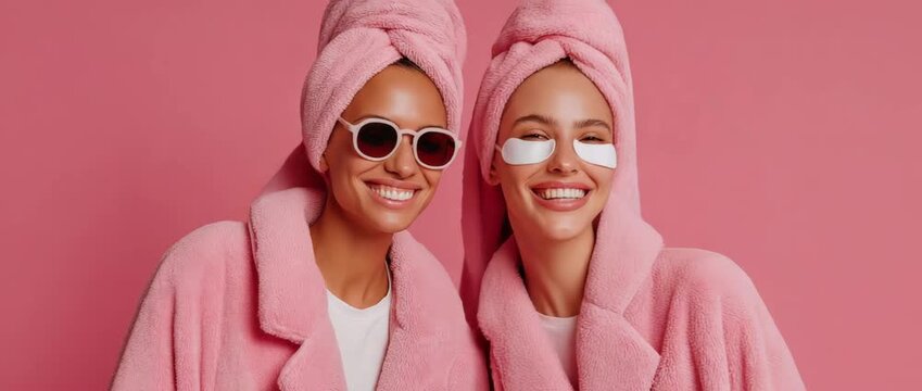 Two contented ladies with towels on their heads and under-eye patches are snapping selfies.