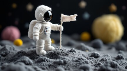 Whimsical knitted astronaut figurine planting a flag on a textured lunar surface for space exploration concept and future ambition
