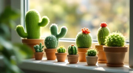 Knitted cacti and crochet succulents arranged on a bright windowsill with natural sunlight for cozy home decor concept and crafting hobby