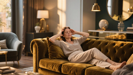 Stylish modern living room bathed in golden-hour light, featuring a middle-aged woman on a velvet sofa gently massaging her temples to manage mild post-viral fatigue, highlighting elegant décor and te