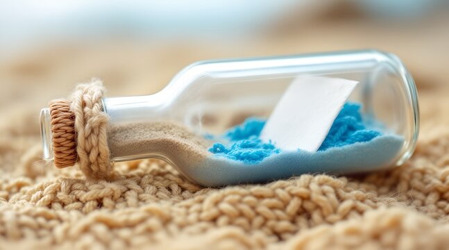A message in a bottle lying on a soft knitted surface containing sand and a blank note for a hopeful communication concept