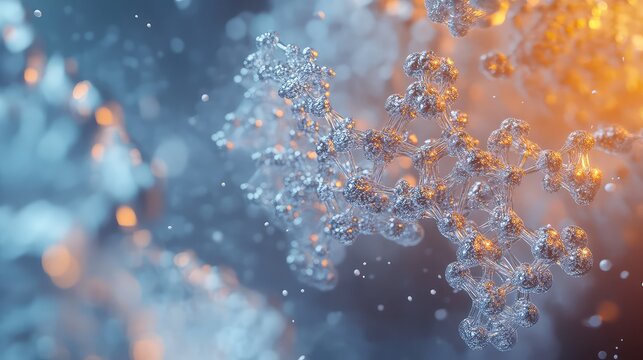 Molecular self-assembly in action, countless tiny, geometric components in a liquid solution spontaneously connecting to form a perfect, complex, crystalline superstructure, electron microscope style,