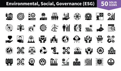 Set of 50 solid icons related to Environmental, Social, and Governance ESG. Containing society, analysis, strategy, wellbeing, company, performance, diversity, ethical and more. Pictograms for web, mo