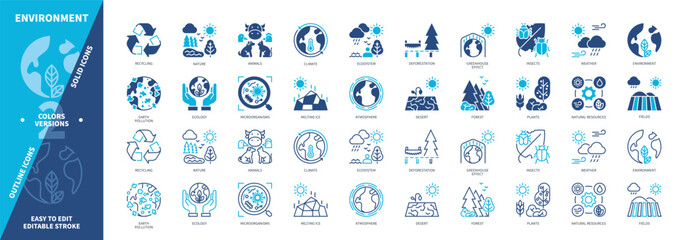 Environment icon set. Recycling, Atmosphere, Microorganisms, Insects, Nature, Weather, Natural Resources, Ecology. Duotone color solid and editable outline icons