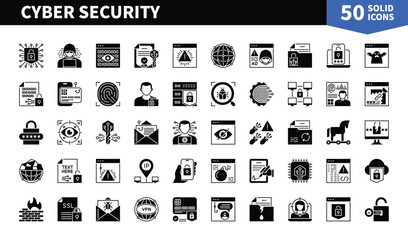 Set of 50 solid icons related to Cyber Security. Containing password, hacker, fingerprint, internet, cyber attack, firework, network and more. Pictograms for web, mobile app and infographics