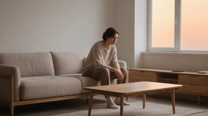 A person seated on the edge of a soft-textured sofa in a minimalist Scandinavian living room, pausing to regain energy after post-viral asthenia, with warm side light streaming through a large window 