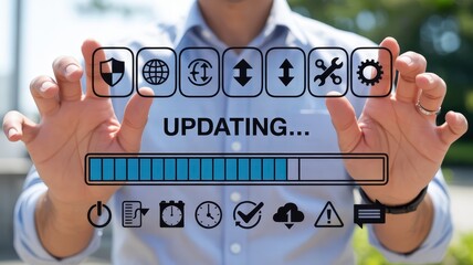 Businessman interacts with holographic display showing system maintenance and progress bar