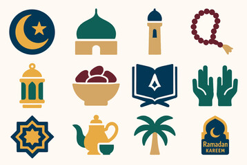 Ramadan Kareem Icons Collection with Crescent, Lanterns, and Islamic Symbols
