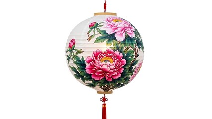 Traditional Asian floral lantern with hand-painted peonies, a beautiful decorative artwork isolated on a pristine white background, evoking festive cultural charm