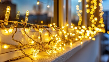 Warm yellow string lights adorn a windowsill