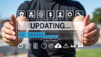 Person interacting with holographic digital interface displaying process progress