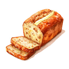 Artistic isometric watercolor image of Banana Bread, isolated on a white surface.