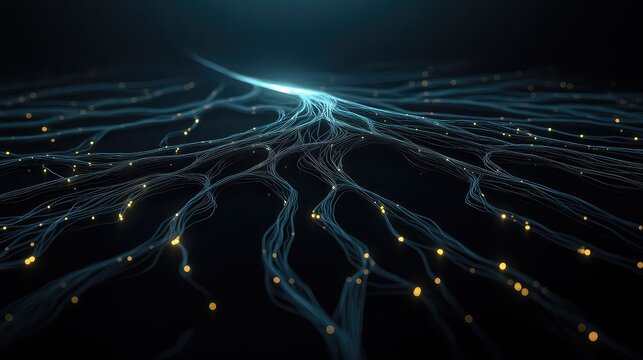 network of glowing, organic-looking cables, like roots of a tree, plugged into a monolithic server, symbolizing the organic nature of modern networks, dark, moody, cinematic. 