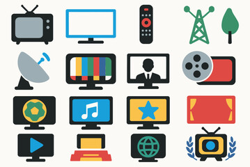 Television and Media Icon Set with TV, Remote, and Broadcast Symbols