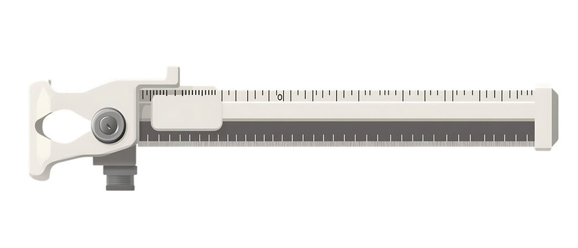 A white mechanical caliper with a ruler scale and a black grip is isolated on transparent background