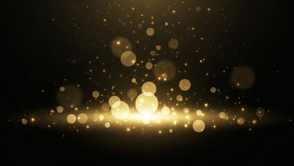 Elegant festive background with a shower of golden glitter dust and soft focus bokeh lights creating a magical, shimmering glow on black
