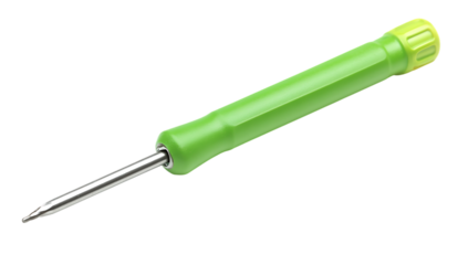 A bright green handled screwdriver with a shiny metal shaft and tip isolated on transparent background