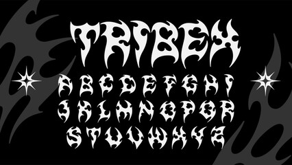 Tribal display typeface with sharp ornamental flame letterforms reflecting a dark Y2K cybersigilism aesthetic