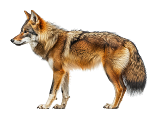 Brown, tawny coyote stands, fur detailed, dark background, facing left