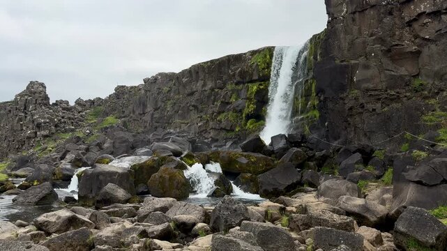 Icelandic waterfall Cascade With Lava Rocks nature Background