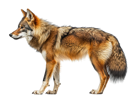 Brown, tawny coyote stands, fur detailed, dark background, facing left