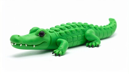 Fototapeta premium Green crocodile toy made of soft material on a white background suitable for children's play and decoration