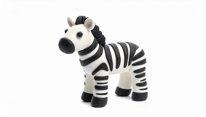 Cute zebra figurine made of soft material displayed on a white background highlighting its striped design and playful appearance