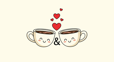 Two adorable cartoon coffee cups with smiling faces, an ampersand, and red hearts symbolize love and connection.