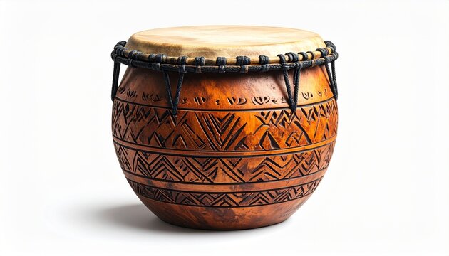 Handcrafted drum with intricate designs displayed against a simple background showcasing traditional art techniques
