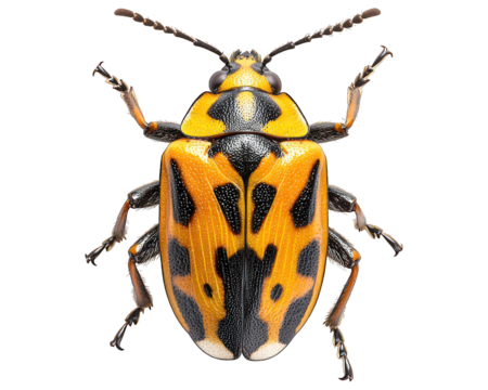 Bright beetle yellow/orange shell with black spots, antennae extended
