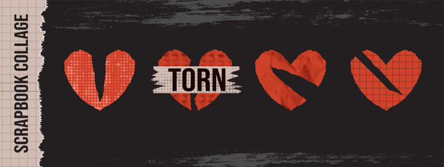 Scrapbook heart set with torn paper cuts and valentine labels.